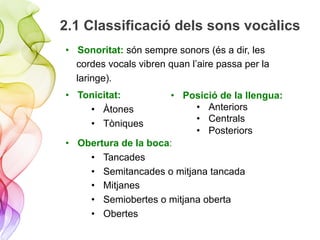 2.1 Classificació dels sons vocàlics
•  Sonoritat: són sempre sonors (és a dir, les
cordes vocals vibren quan l’aire passa per la
laringe).
•  Tonicitat:
•  Àtones
•  Tòniques
•  Obertura de la boca:
•  Tancades
•  Semitancades o mitjana tancada
•  Mitjanes
•  Semiobertes o mitjana oberta
•  Obertes
•  Posició de la llengua:
•  Anteriors
•  Centrals
•  Posteriors
 