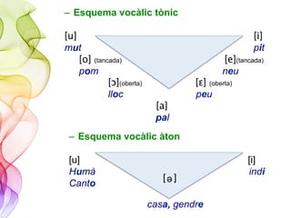 –  Esquema vocàlic tònic
[u] [i]
mut pit
[o] (tancada) [e](tancada)
pom neu
[ɔ](oberta) [ɛ] (oberta)
lloc peu
[a]
pal
–  Esquema vocàlic àton
[u] [i]
Humà indi
Canto
casa, gendre
[ ]ə
 