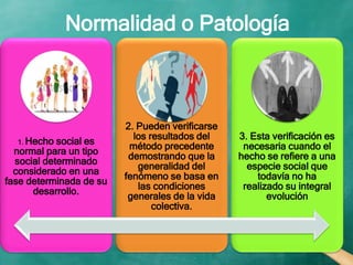 Normalidad o Patología
1. Hecho social es
normal para un tipo
social determinado
considerado en una
fase determinada de su
desarrollo.
2. Pueden verificarse
los resultados del
método precedente
demostrando que la
generalidad del
fenómeno se basa en
las condiciones
generales de la vida
colectiva.
3. Esta verificación es
necesaria cuando el
hecho se refiere a una
especie social que
todavía no ha
realizado su integral
evolución
 