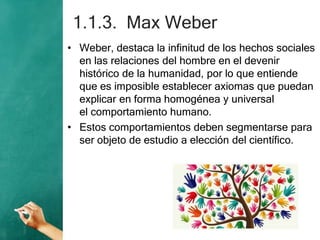 1.1.3. Max Weber
• Weber, destaca la infinitud de los hechos sociales
en las relaciones del hombre en el devenir
histórico de la humanidad, por lo que entiende
que es imposible establecer axiomas que puedan
explicar en forma homogénea y universal
el comportamiento humano.
• Estos comportamientos deben segmentarse para
ser objeto de estudio a elección del científico.
 