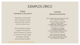 EJEMPLOS LÍRICO
POEMA
“Caminante, no hay camino”
Todo pasa y todo queda,
pero lo nuestro es pasar,
pasar haciendo caminos,
caminos sobre el mar.
Nunca perseguí la gloria,
ni dejar en la memoria
de los hombres mi canción;
yo amo los mundos sutiles,
ingrávidos y gentiles,
como pompas de jabón.
CANCIÓN
Ejemplo de canción lírica
Tres morillas me enamoran en Jaén,
Axa y Fátima y Marién.
Tres morfilas tan garridas
iban a coger olivas,
y hallábanlas cogidas en Jaén,
Axa y Fátima y Marién.
Y hallábanlas cogidas,
y tornaban desmaídas
y las colores perdidas en Jaén
Axa y Fátima y Marién.
Tres moricas tan lozanas
tres moricas tan lozanas,
iban a coger manzanas a Jaén,
Axa y Fátima y Maríén.
https://www.youtube.com/watch?v=2DA3pRht2MA
 