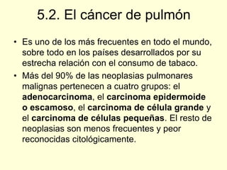5.2. El cáncer de pulmón
• Es uno de los más frecuentes en todo el mundo,
sobre todo en los países desarrollados por su
estrecha relación con el consumo de tabaco.
• Más del 90% de las neoplasias pulmonares
malignas pertenecen a cuatro grupos: el
adenocarcinoma, el carcinoma epidermoide
o escamoso, el carcinoma de célula grande y
el carcinoma de células pequeñas. El resto de
neoplasias son menos frecuentes y peor
reconocidas citológicamente.
 