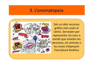 3. L’onomatopeia
Són un dels recursos
gràfics més usats al
còmic. Serveixen per
representar els sons o
sorolls que emeten les
persones, els animals o
les coses mitjançant
l’escriptura fonètica
 