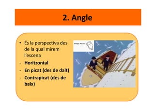 2. Angle
• És la perspectiva des
de la qual mirem
l’escena
- Horitzontal
- En picat (des de dalt)
- Contrapicat (des de
baix)
 