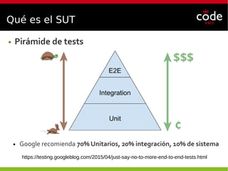 Qué es el SUT
● Pirámide de tests
● Google recomienda 70% Unitarios, 20% integración, 10% de sistema
https://testing.googleblog.com/2015/04/just-say-no-to-more-end-to-end-tests.html
 