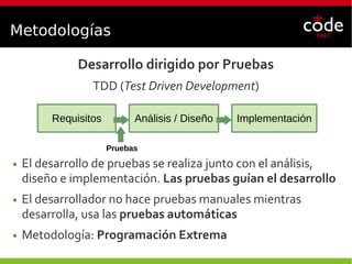 Metodologías
Desarrollo dirigido por Pruebas
TDD (Test Driven Development)
● El desarrollo de pruebas se realiza junto con el análisis,
diseño e implementación. Las pruebas guían el desarrollo
● El desarrollador no hace pruebas manuales mientras
desarrolla, usa las pruebas automáticas
● Metodología: Programación Extrema
Requisitos Análisis / Diseño Implementación
Pruebas
 