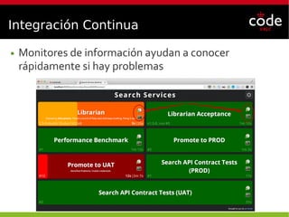 Integración Continua
● Monitores de información ayudan a conocer
rápidamente si hay problemas
 