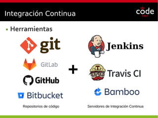 Integración Continua
● Herramientas
+
Repositorios de código Servidores de Integración Continua
 