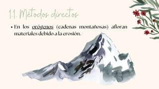 En los orógenos (cadenas montañosas) afloran
materiales debido a la erosión.
1.1. Métodos directos
 