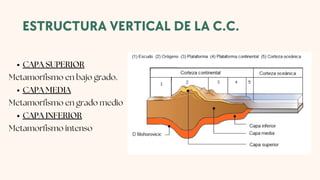 ESTRUCTURA VERTICAL DE LA C.C.
CAPA SUPERIOR
CAPA MEDIA
CAPA INFERIOR
Metamorfismo en bajo grado.
Metamorfismo en grado medio
Metamorfismo intenso
 