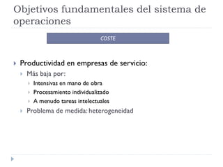 Objetivos fundamentales del sistema de
operaciones
                                     COSTE



   Productividad en empresas de servicio:
       Más baja por:
           Intensivas en mano de obra
           Procesamiento individualizado
           A menudo tareas intelectuales
       Problema de medida: heterogeneidad
 