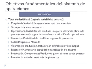 Objetivos fundamentales del sistema de
operaciones
                               FLEXIBILIDAD

   Tipos de flexibilidad (según la variabilidad descrita):
     Maquinaria. Variedad de operaciones que puede realizar
     Transporte y almacenamiento
     Operaciones. Posibilidad de producir una pieza utilizando planes de
      proceso alternativos, por intercambio o sustitución de operaciones
     Productos. Posibilidad de modificar la gama de productos
     Rutas; Programas; Mercado
     Volumen de producción. Trabajar con diferentes niveles output
     Expansión: Aumentar la capacidad y capacitación del sistema
     Producción. Componentes/Productos que el sistema puede generar
     Proceso. La variedad en el mix de productos
 