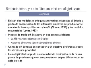 Relaciones y conflictos entre objetivos
                               MODELOS

   Existen dos modelos o enfoques alternativos respectoa al énfasis y
    grado de consecución de los diferentes objetivos de producción: el
    modelo de incompatibles o trade-offs (Skinne, 1996) y los modelos
    secuenciales (Levitt, 1983)
   Modelo de trade-off. Se apoya en dos premisas básicas:
     La fábrica tien objetivos múltiples
     Algunos objetivos son incompatibles entre si
   Un trade-off consiste en conceder a un objetivo preferencia sobre
    los demás, una prioridad
   La multiplicidad surge de las necesidad de fabricación en la misma
    planta de productos que en sencuentran en etapas diferentes en su
    ciclo de vida
 