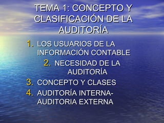 TEMA 1: CONCEPTO Y
CLASIFICACIÓN DE LA
AUDITORÍA
1. LOS USUARIOS DE LA
INFORMACIÓN CONTABLE
2. NECESIDAD DE LA
AUDITORÍA
3. CONCEPTO Y CLASES
4. AUDITORÍA INTERNAAUDITORIA EXTERNA

 