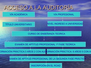 ACCESO A LA AUDITORÍA
VÍA ACADÉMICA

VÍA PROFESIONAL

TÍTULO UNIVERSITARIO

NIVEL INGRESO A UNIVERSIDAD

CURSO DE ENSEÑANZA TEORICA

EXAMEN DE APTITUD PROFESIONAL 1º FASE TEÓRICA

ORMACIÓN PRÁCTICA:3 AÑOS 2 CON AUDI
FORMACIÓN PRÁCTICA: 8 AÑOS 5 CON AU
EXAMEN DE APTITUD PROFESIONAL DE LA SEGUNDA FASE PRÁCTICA
INSCRIPCIÓN EN EL ROAD

 