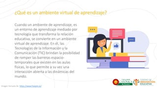 ¿Qué es un ambiente virtual de aprendizaje?
Cuando un ambiente de aprendizaje, es
un entorno de aprendizaje mediado por
tecnología que transforma la relación
educativa, se convierte en un ambiente
virtual de aprendizaje. En él, las
Tecnologías de la Información y la
Comunicación (TIC) brindan la posibilidad
de romper las barreras espacio-
temporales que existen en las aulas
físicas, lo que permite a su vez una
interacción abierta a las dinámicas del
mundo.
Imagen tomada de: https://www.freepik.es/
 