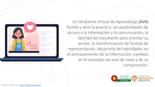 Un Ambiente Virtual de Aprendizaje (AVA)
facilita y abre la puerta a: las posibilidades de
acceso a la información y la comunicación; la
libertad del estudiante para orientar su
acción, la transformación de formas de
representación, desarrollo de habilidades en
el procesamiento de la información; cambios
en el concepto de aula de clase y de su
comprensión.
Imagen tomada de: https://www.freepik.es/
 
