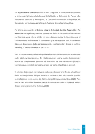 Tema 1. Ideas clave
10
Los organismos de control se clasifican en 4 categorías, el Ministerio Público donde
se encuentran la Procuraduría General de la Nación, la Defensoría del Pueblo y las
Personerías Distritales y Municipales, la Contraloría General de la República, las
Contralorías territoriales y, por último, la Auditoría General de le República.
Por último, se encuentra el Sistema Integral de Verdad, Justicia, Reparación y No
Repetición encargado de garantizar los derechos de las víctimas del conflicto armado
en Colombia, para ello se divide en tres establecimientos, la Comisión para el
Esclarecimiento de la Verdad, la Convivencia y la No repetición civil, la Unidad de
Búsqueda de personas dadas por desaparecidas en el contexto y debido al conflicto
armado y, la Jurisdicción Especial para la Paz.
Para el funcionamiento del estado y el beneficio de toda la comunidad las ramas de
poder público y los organismos del Estado requieren crear y revelar disposiciones y
marcos de cumplimiento, para ello se debe valer de una estructura o jerarquía
normativa que permita la clara comprensión por parte del público en general.
El principio de jerarquía normativa se creó para establecer el orden de aplicabilidad
de las normas jurídicas, de igual manera, es un criterio para solucionar las posibles
contradicciones entre normas de distinto rango (Enciclopedia jurídica, 2020). Para
ello, se creó la Pirámide de Kelsen, la cual es considerada como la expresión técnica
de esta jerarquía normativa (Galindo, 2018).
 