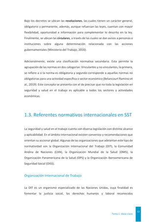 Tema 1. Ideas clave
12
Bajo los decretos se ubican las resoluciones, las cuales tienen un carácter general,
obligatorio y permanente, además, aunque refuerzan las leyes, cuentan con mayor
flexibilidad, oportunidad e información para complementar lo descrito en la ley.
Finalmente, se ubican las circulares, a través de las cuales se dan avisos a personas o
instituciones sobre alguna determinación relacionada con las acciones
gubernamentales (Ministerio del Trabajo, 2016).
Adicionalmente, existe una clasificación normativa secundaria. Esta permite la
agrupación de las normas en dos categorías: Vinculantes y no vinculantes, la primera,
se refiere a si la norma es obligatoria y segunda corresponde a aquellas normas no
obligatorias para una actividad específica o sector económico (Betancourt Ramírez et
al., 2019). Este concepto se presenta con el de precisar que no toda la legislación en
seguridad y salud en el trabajo es aplicable a todos los sectores y actividades
económicas.
1.3. Referentes normativos internacionales en SST
La seguridad y salud en el trabajo cuenta con diversa legislación con distinto alcance
y aplicabilidad. En el ámbito internacional existen convenios y recomendaciones que
orientan su accionar global. Algunas de las organizaciones que adelantan este tipo de
normatividad son la Organización Internacional del Trabajo (OIT), la Comunidad
Andina de Naciones (CAN), la Organización Mundial de la Salud (OMS), la
Organización Panamericana de la Salud (OPS) y la Organización Iberoamericana de
Seguridad Social (OISS).
Organización Internacional de Trabajo
La OIT es un organismo especializado de las Naciones Unidas, cuya finalidad es
fomentar la justicia social, los derechos humanos y laboral reconocidos
 