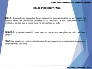 TEMA I: ASPECTOS GENERALES SOBRE MECANISMOS
ING. OMARLYS MARCANO / 2021
CICLO, PERIODO Y FASE.
CICLO: Cuando todas las partes de un mecanismo luego de iniciado su movimiento, ha
pasado todas las posiciones posibles y ha retornado a sus posiciones relativas
originales, se dice que el mecanismo ha completado un ciclo.
PERIODO: el tiempo requerido para que un mecanismo complete un ciclo, se llama
periodo.
FASE: las posiciones relativas simultáneas de un mecanismo en un instante dado en un
ciclo determina una fase.
 