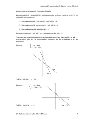 Apuntes del curso teórico de Álgebra Lineal (Mat 03)
Dr. Federico Iribarne y Dr. Alvaro Mombrú 3
Clasificación de Sistemas de Ecuaciones Lineales
Dependiendo de la cardinalidad del conjunto solución, podemos clasificar un S.E.L. en
uno de los siguientes tipos:
1) Sistema Compatible Determinado: card(Sol(S)) = 1
2) Sistema Compatible Indeterminado: card(Sol(S)) > 1
3) Sistema Incompatible: card(Sol(S)) = 0
Luego veremos que si card(Sol(S)) > 1 entonces card(Sol(S)) = +∞
Veamos a continuación un ejemplo sencillo de cada uno de los tipos posibles de S.E.L.,
aprovechando para ver la interpretación geométrica de las ecuaciones y de las
soluciones.
Ejemplo 1: x + y = 1 (a)
2x + y = 2 (b)
y
2
1
x
1
(a)
(b)
Sol(S) = (1,0) (x = 1, y = 0)
y
Ejemplo 2: x + y = 1 (a)
2x + 2y = 2 (b)
1
1 x
Sol(S) = {(x,y) / x + y = 1} (a) = (b)
 