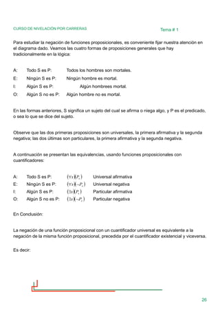 CURSO DE NIVELACIÓN POR CARRERAS
26
Tema # 1
Para estudiar la negación de funciones proposicionales, es conveniente fijar nuestra atención en
el diagrama dado. Veamos las cuatro formas de proposiciones generales que hay
tradicionalmente en la lógica:
A: Todo S es P: Todos los hombres son mortales.
E: Ningún S es P: Ningún hombre es mortal.
I: Algún S es P: Algún hombrees mortal.
O: Algún S no es P: Algún hombre no es mortal.
En las formas anteriores, S significa un sujeto del cual se afirma o niega algo, y P es el predicado,
o sea lo que se dice del sujeto.
Observe que las dos primeras proposiciones son universales, la primera afirmativa y la segunda
negativa; las dos últimas son particulares, la primera afirmativa y la segunda negativa.
A continuación se presentan las equivalencias, usando funciones proposicionales con
cuantificadores:
A: Todo S es P: ( )( )
x
P
x
 Universal afirmativa
E: Ningún S es P: ( )( )
x
P
x 
 Universal negativa
I: Algún S es P: ( )( )
x
P
x
 Particular afirmativa
O: Algún S no es P: ( )( )
x
P
x 
 Particular negativa
En Conclusión:
La negación de una función proposicional con un cuantificador universal es equivalente a la
negación de la misma función proposicional, precedida por el cuantificador existencial y viceversa.
Es decir:
 