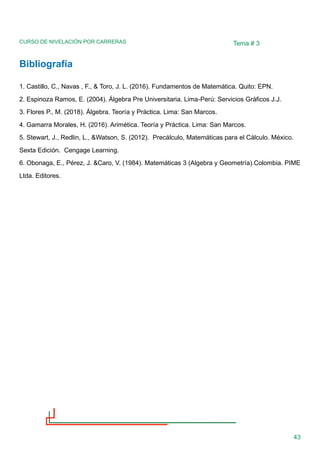 CURSO DE NIVELACIÓN POR CARRERAS
43
Tema # 3
Bibliografía
1. Castillo, C., Navas , F., & Toro, J. L. (2016). Fundamentos de Matemática. Quito: EPN.
2. Espinoza Ramos, E. (2004). Álgebra Pre Universitaria. Lima-Perú: Servicios Gráficos J.J.
3. Flores P., M. (2018). Álgebra. Teoría y Práctica. Lima: San Marcos.
4. Gamarra Morales, H. (2016). Arimética. Teoría y Práctica. Lima: San Marcos.
5. Stewart, J., Redlin, L., &Watson, S. (2012). Precálculo, Matemáticas para el Cálculo. México.
Sexta Edición. Cengage Learning.
6. Obonaga, E., Pérez, J. &Caro, V. (1984). Matemáticas 3 (Algebra y Geometría).Colombia. PIME
Ltda. Editores.
 