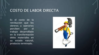 COSTO DE LABOR DIRECTA
Es el costo de la
retribución que los
obreros u operarios
perciben por el
trabajo desarrollado
en la transformación
delos materiales en
su estado natural,
producto terminado.
 