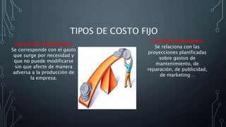 TIPOS DE COSTO FIJO
Coste fijo discrecional:
Se relaciona con las
proyecciones planificadas
sobre gastos de
mantenimiento, de
reparación, de publicidad,
de marketing…
Coste fijo comprometido:
Se corresponde con el gasto
que surge por necesidad y
que no puede modificarse
sin que afecte de manera
adversa a la producción de
la empresa.
 