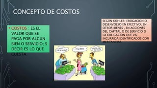 CONCEPTO DE COSTOS
• COSTOS : ES EL
VALOR QUE SE
PAGA POR ALGUN
BIEN O SERVICIO; S
DECIR ES LO QUE
CUESTA.
SEGÚN KOHLER: EROGACION O
DESENVOLSO EN EFECTIVO, EN
OTROS BIENES , EN ACCIONES
DEL CAPITAL O DE SERVICIO O
LA OBLIGACION QUE VA
INCURRIDA IDENTIFICADOS CON
MERCANCIAS.
 