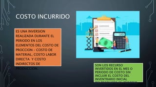 COSTO INCURRIDO
ES UNA INVERSION
REALIZADA DURANTE EL
PERIODO EN LOS
ELEMENTOS DEL COSTO DE
PROCCION – COSTO DE
MATERIAL, COSTO LABOR
DIRECTA Y COSTO
INDIRECTOS DE
PRODUCCION.
SON LOS RECURSO
INVERTIDOS EN EL MES O
PERIODO DE COSTO SIN
INCLUIR EL COSTO DEL
INVENTRARIO INICIAL
DELPRODUCTO EN PROCESO.
 