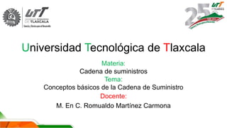 Universidad Tecnológica de Tlaxcala
Materia:
Cadena de suministros
Tema:
Conceptos básicos de la Cadena de Suministro
Docente:
M. En C. Romualdo Martínez Carmona
 