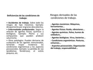 Deficiencias de las condiciones de
trabajo:
Riesgos derivados de las
condiciones de trabajo.
- Agentes mecánicos: Máquinas,
herramientas...
- Agentes físicos: Ruido, vibraciones...
- Agentes químicos. Polvo, humos de
soldadura…
- Agentes biológicos. Virus, bacterias...
- Condiciones ergonómicas. Posturas,
esfuerzos...
- Aspectos psicosociales. Organización
del trabajo, responsabilidad...
• Accidentes de trabajo. Sobre todo los
riesgos de tipo mecánico. Ejemplo:
Atrapamiento por engranes descubiertos.
• Enfermedades profesionales. Según la
relación de agentes físicos, químicos y
biológicos. Ejemplo: Plomo y sus
compuestos que pueden producir
saturnismo.
• Otras patologías: Pueden derivarse de
cualquiera de los agentes mencionados,
teniendo mayor incidencia las
condiciones ergonómicas y los aspectos
psicosociales. Ejemplo: La pérdida de voz
(problemas foniátricos), el estrés
psíquico, etc.
 