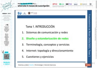 F
UNDAMENTOS
DE
R
EDES
2020/2021.
T
EMA
1
Tema 1. INTRODUCCIÓN
1. Sistemas de comunicación y redes
2. Diseño y estandarización de redes
3. Terminología, conceptos y servicios
4. Internet: topología y direccionamiento
5. Cuestiones y ejercicios
Sistemas y redes| Diseño | Terminología | Internet| Ejercicios 9/31 9/31
Reservados
todos
los
derechos.
No
se
permite
la
explotación
económica
ni
la
transformación
de
esta
obra.
Queda
permitida
la
impresión
en
su
totalidad.
a64b0469ff35958ef4ab887a898bd50bdfbbe91a-7121215
 