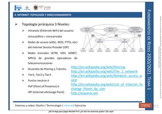 ¿No te llega para pagar Wuolah Pro? ¿Un año sin anuncios gratis? ¡Clic aquí!
4. INTERNET: TOPOLOGÍA Y DIRECCIONAMIENTO
F
UNDAMENTOS
DE
R
EDES
2020/2021.
T
EMA
1
 Topología jerárquica 3 Niveles:
 Intranets (Ethernet-WiFi) del usuario:
zona pública + zona privada
 Redes de acceso (xDSL, RDSI, FTTH, etc)
del Internet Service Provider (ISP)
 Redes troncales (ATM, SDH, SONET,
MPLS) de grandes operadores de
telecomunicaciones
 Acuerdos de Peering y Tránsito.
 Tier1, Tier2 y Tier3
 Puntos neutros ó
PoP (Point of Presence) ó
IXP (Internet eXchange Point)
http://en.wikipedia.org/wiki/Peering
http://en.wikipedia.org/wiki/Tier_1_network
http://en.wikipedia.org/wiki/Network_access_p
oint
http://en.wikipedia.org/wiki/List_of_Internet_Ex
change_Points_by_size
http://espanix.net
Sistemas y redes| Diseño | Terminología | Internet| Ejercicios 23/31 23/31
Reservados
todos
los
derechos.
No
se
permite
la
explotación
económica
ni
la
transformación
de
esta
obra.
Queda
permitida
la
impresión
en
su
totalidad.
a64b0469ff35958ef4ab887a898bd50bdfbbe91a-7121215
 