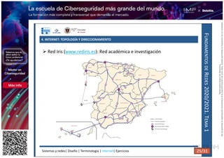 4. INTERNET: TOPOLOGÍA Y DIRECCIONAMIENTO
F
UNDAMENTOS
DE
R
EDES
2020/2021.
T
EMA
1
 Red Iris (www.rediris.es): Red académica e investigación
Sistemas y redes| Diseño | Terminología | Internet| Ejercicios 25/31 25/31
Reservados
todos
los
derechos.
No
se
permite
la
explotación
económica
ni
la
transformación
de
esta
obra.
Queda
permitida
la
impresión
en
su
totalidad.
a64b0469ff35958ef4ab887a898bd50bdfbbe91a-7121215
 