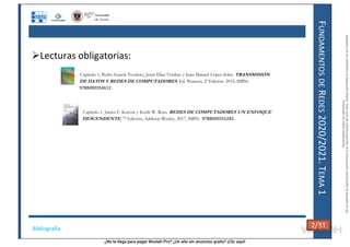 ¿No te llega para pagar Wuolah Pro? ¿Un año sin anuncios gratis? ¡Clic aquí!
F
UNDAMENTOS
DE
R
EDES
2020/2021.
T
EMA
1
Capítulo 1, James F. Kurose y Keith W. Ross. REDES DE COMPUTADORES UN ENFOQUE
DESCENDENTE, 7ª Edición, Addison-Wesley, 2017, ISBN: 9788490355282.
Lecturas obligatorias:
Capítulo 1, Pedro García Teodoro, Jesús Díaz Verdejo y Juan Manuel López Soler. TRANSMISIÓN
DE DATOS Y REDES DE COMPUTADORES, Ed. Pearson, 2ª Edición. 2014, ISBN:
9788490354612.
Bibliografía
2/31
2/31
Reservados
todos
los
derechos.
No
se
permite
la
explotación
económica
ni
la
transformación
de
esta
obra.
Queda
permitida
la
impresión
en
su
totalidad.
a64b0469ff35958ef4ab887a898bd50bdfbbe91a-7121215
 