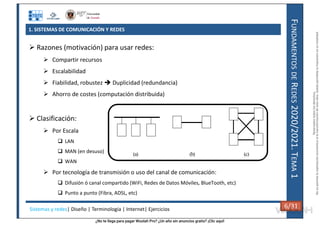 ¿No te llega para pagar Wuolah Pro? ¿Un año sin anuncios gratis? ¡Clic aquí!
1. SISTEMAS DE COMUNICACIÓN Y REDES
F
UNDAMENTOS
DE
R
EDES
2020/2021.
T
EMA
1
 Razones (motivación) para usar redes:
 Compartir recursos
 Escalabilidad
 Fiabilidad, robustez  Duplicidad (redundancia)
 Ahorro de costes (computación distribuida)
 Clasificación:
 Por Escala
 LAN
 MAN (en desuso)
 WAN
 Por tecnología de transmisión o uso del canal de comunicación:
 Difusión ó canal compartido (WiFi, Redes de Datos Móviles, BlueTooth, etc)
 Punto a punto (Fibra, ADSL, etc)
(a) (b) (c)
Sistemas y redes| Diseño | Terminología | Internet| Ejercicios 6/31 6/31
Reservados
todos
los
derechos.
No
se
permite
la
explotación
económica
ni
la
transformación
de
esta
obra.
Queda
permitida
la
impresión
en
su
totalidad.
a64b0469ff35958ef4ab887a898bd50bdfbbe91a-7121215
 