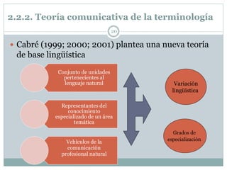 2.2.2. Teoría comunicativa de la terminología
20
 Cabré (1999; 2000; 2001) plantea una nueva teoría
de base lingüística
Conjunto de unidades
pertenecientes al
lenguaje natural
Representantes del
conocimiento
especializado de un área
temática
Vehículos de la
comunicación
profesional natural
Variación
lingüística
Grados de
especialización
 
