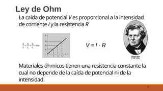 Ley de Ohm
17
V = I · R
La caída de potencial V es proporcional a la intensidad
de corriente I y la resistencia R
Materiales óhmicos tienen una resistencia constante la
cual no depende de la caída de potencial ni de la
intensidad.
 