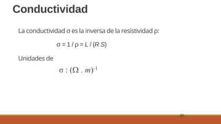 20
Conductividad
La conductividad σ es la inversa de la resistividad ρ:
σ = 1 / ρ = L / (R S)
Unidades de
 