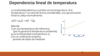 23
Dependencia lineal de temperatura
La resistividad eléctrica ρ cambia con la temperatura. Si la
temperatura T no varía de forma considerable, una aproximación
lineal se utiliza normalmente:
ρ(T) = ρ₀ [1 + α(T - T₀)],
0donde
T₀ es una temperatura de referencia
(por lo general la temperatura ambiente),
ρ₀ es la resistividad a temperatura T₀
α es un coeficiente empírico
provisto de datos de medición
 