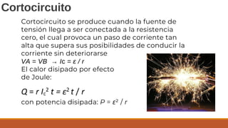 Cortocircuito se produce cuando la fuente de
tensión llega a ser conectada a la resistencia
cero, el cual provoca un paso de corriente tan
alta que supera sus posibilidades de conducir la
corriente sin deteriorarse
VA = VB → Ic = ε / r
El calor disipado por efecto
de Joule:
con potencia disipada: P = ε² / r
Cortocircuito
 