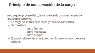 Principio de conservación de la carga
4
La carga no se crea ni se destruye solo se transforma
Se transfiere
Quitando electrones a un átomo resulta en un átomo de carga
positiva.
en cualquier proceso físico, la carga total de un sistema cerrado
(aislado) se conserva.
- entre átomos
- entre moléculas
- entre cuerpos
 