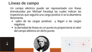 Líneas de campo
8
salen de las cargas positivas y llegan a las cargas
negativas
la densidad de líneas en un punto es proporcional al valor
del campo eléctrico en dicho punto.
Un campo eléctrico puede ser representado con líneas
(introducidas por Michael Faraday) las cuales indican las
trayectorias que seguiría una carga positiva si se la abandona
libremente.
 