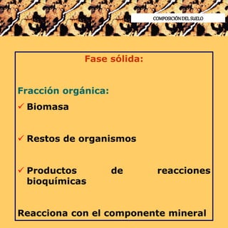 COMPOSICIÓNDELSUELO
Fase sólida:
Fracción orgánica:
 Biomasa
 Restos de organismos
 Productos de reacciones
bioquímicas
Reacciona con el componente mineral
 