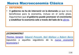 Nueva Macroeconomía Clásica
¿ECONOMISTAS?
Thomas Sargent, Edward Prescott, Neil Wallace y Robert Barro
(opuestos a aquellos seguidores de la nueva economía
keynesiana.)
• DEFIENDE:
• El gobierno no ha de intervenir en la demanda ya que no es
beneficioso para la economía, incluso en el corto plazo.
Argumentan que el gobierno puede promover el crecimiento
y estabilizar la economía solo a través del lado de la oferta.
114
 