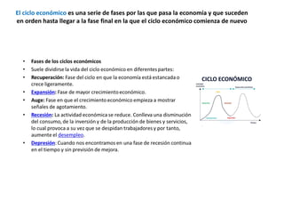 El ciclo económico es una serie de fases por las que pasa la economía y que suceden
en orden hasta llegar a la fase final en la que el ciclo económico comienza de nuevo
 