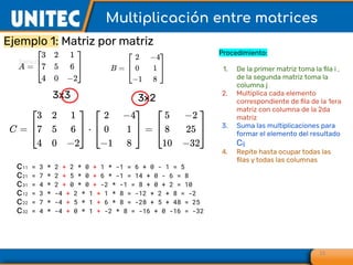 Ejemplo 1: Matriz por matriz
15
Multiplicación entre matrices
3x3 3x2
Procedimiento:
1. De la primer matriz toma la ﬁla i ,
de la segunda matriz toma la
columna j
2. Multiplica cada elemento
correspondiente de ﬁla de la 1era
matriz con columna de la 2da
matriz
3. Suma las multiplicaciones para
formar el elemento del resultado
Cij
4. Repite hasta ocupar todas las
ﬁlas y todas las columnas
c11 = 3 * 2 + 2 * 0 + 1 * -1 = 6 + 0 - 1 = 5
c21 = 7 * 2 + 5 * 0 + 6 * -1 = 14 + 0 - 6 = 8
c31 = 4 * 2 + 0 * 0 + -2 * -1 = 8 + 0 + 2 = 10
c12 = 3 * -4 + 2 * 1 + 1 * 8 = -12 + 2 + 8 = -2
c22 = 7 * -4 + 5 * 1 + 6 * 8 = -28 + 5 + 48 = 25
c32 = 4 * -4 + 0 * 1 + -2 * 8 = -16 + 0 -16 = -32
 