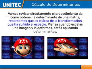 Vamos revisar directamente el procedimiento de
como obtener la determinante de una matriz,
recordemos que es el área de la transformación
que ha sufrido el espacio. Piensa cuando escalas
una imagen y la deformas, estás aplicando
determinantes.
20
Cálculo de Determinantes
 
